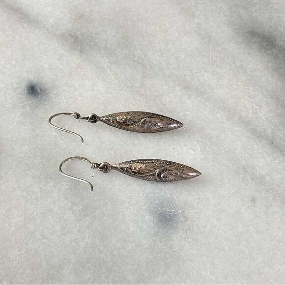Vintage | .925 Sterling Silver Dangle Drop Earrings Etched Handcrafted Hand Made - Picture 4 of 5